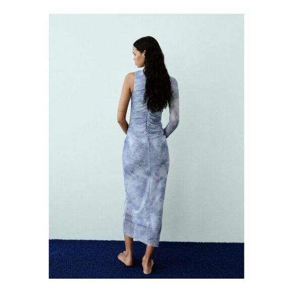 ZARA One Sleeve Asymmetrical Tulle Mesh Lined Midi Dress Blue Size Small - Picture 4 of 8